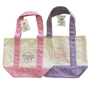 NWT Trader Joe’s mini canvas tote bag in pink & purple pastel.